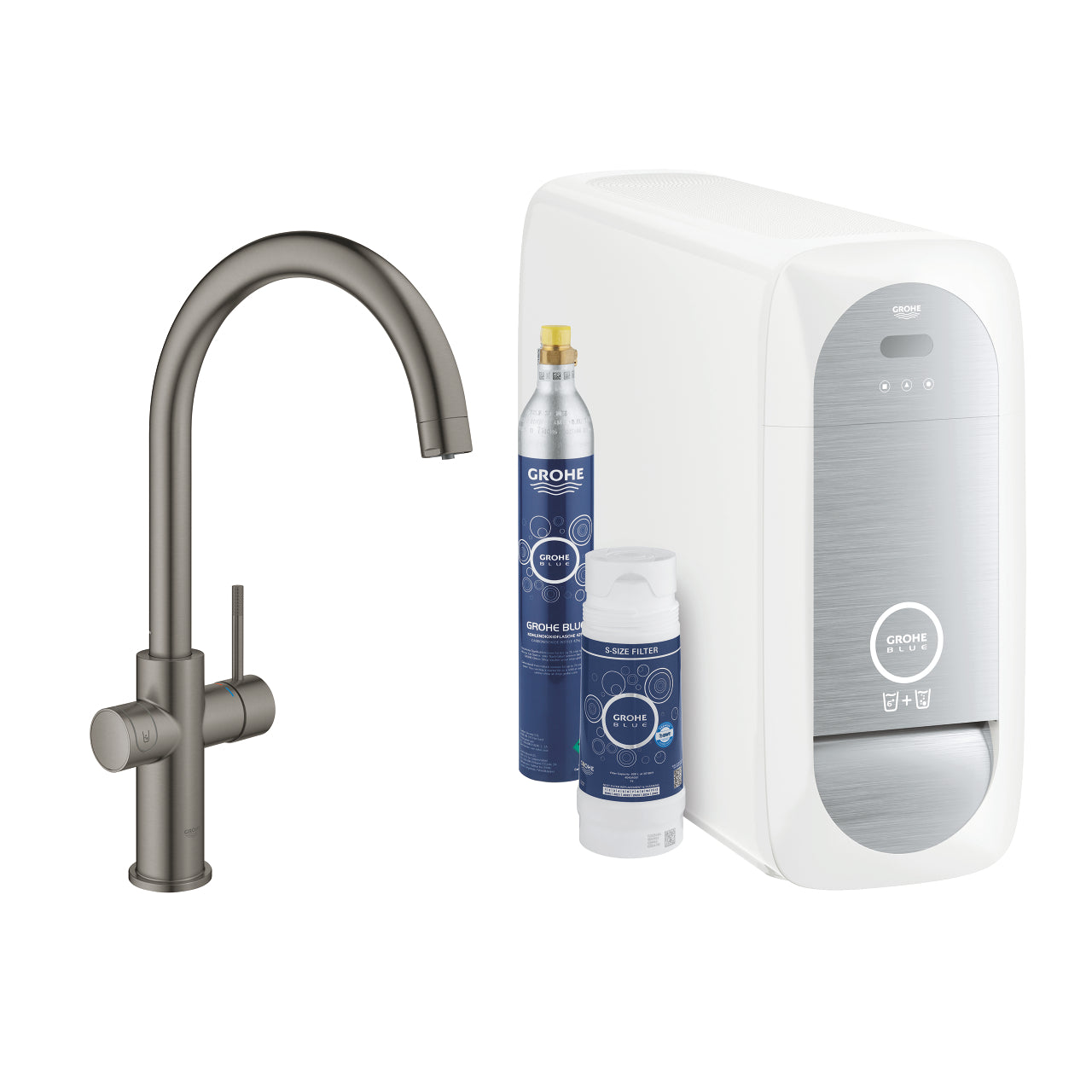 GROHE Blue Home Кухненски Смесител C-чучур Филтрирана Газирана Вода Brushed Hard Graphite 31455AL1 - Stonea.BG