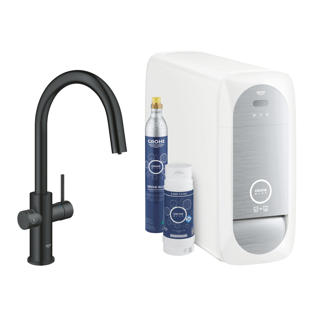 GROHE Blue Home Кухненски Смесител С-чучур + Изтеглящ Се Аератор Matte Black 31541KS0 - Stonea.BG