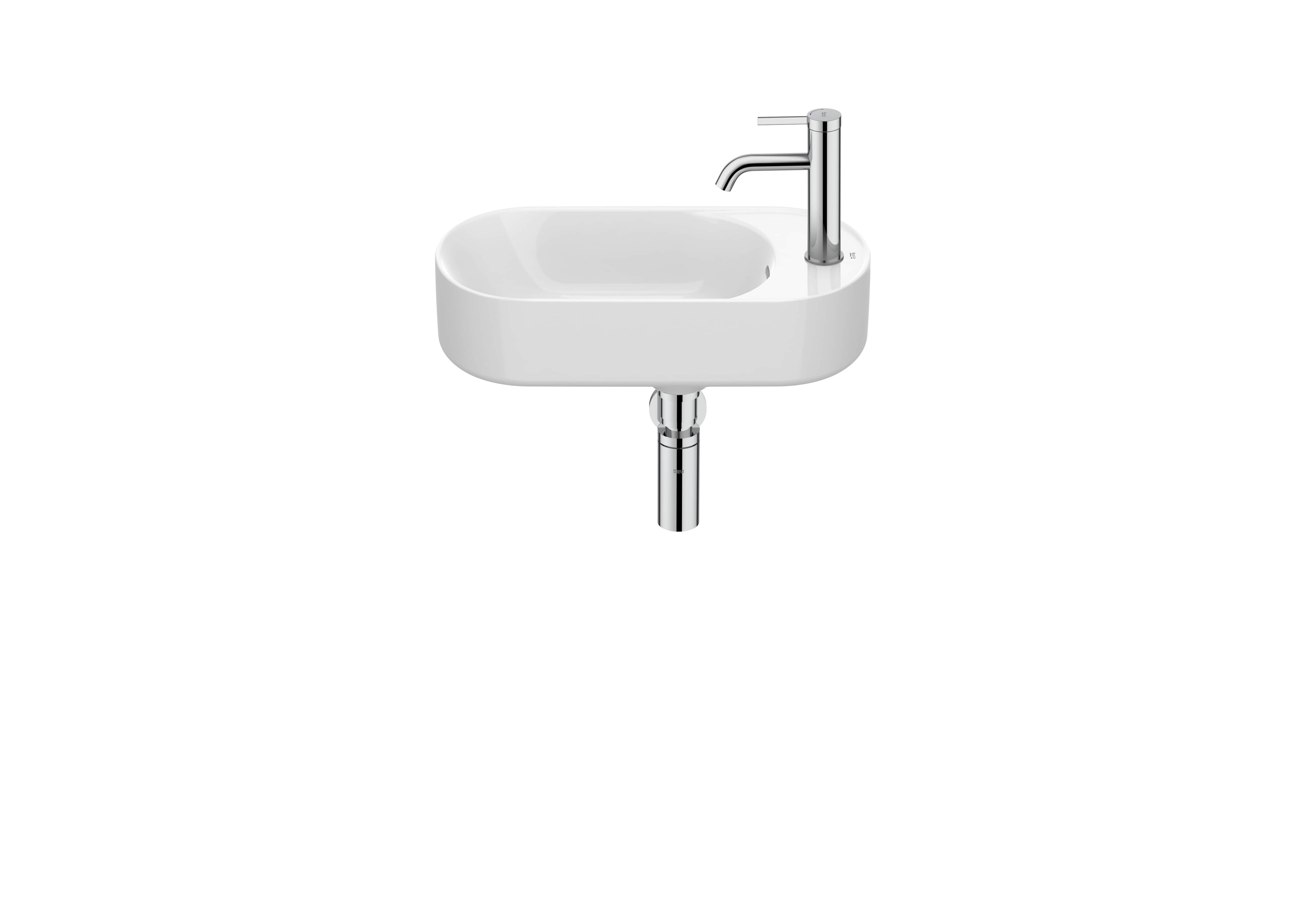 Roca Meridian - Компактен асиметричен умивалник Fineceramic® 50×27.5см White A327740000
